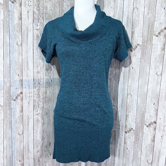 Women's A. Byer Short Sleeve Sweater | Blue | Cowl Neck | Tunic | Medium - Picture 1 of 12